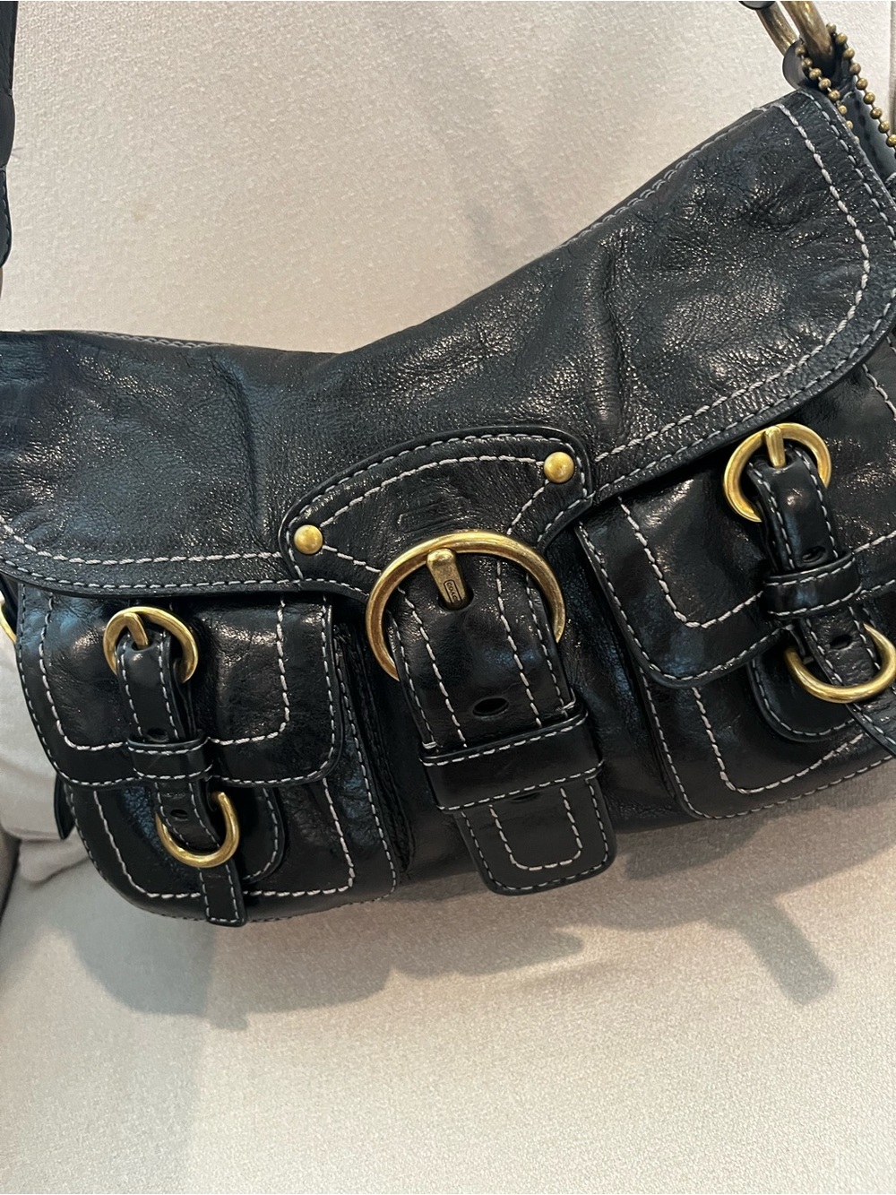 Vintage Coach Garcia Black Leather Shoulder Bag with Brass Buckle Accents